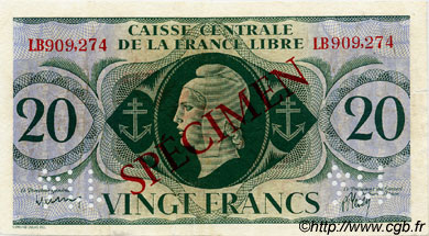 20 Francs Spécimen FRENCH EQUATORIAL AFRICA Brazzaville 1944 P.12s VF