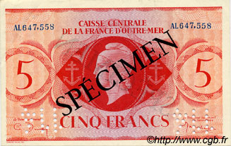 5 Francs Spécimen FRENCH EQUATORIAL AFRICA  1943 P.15as AU
