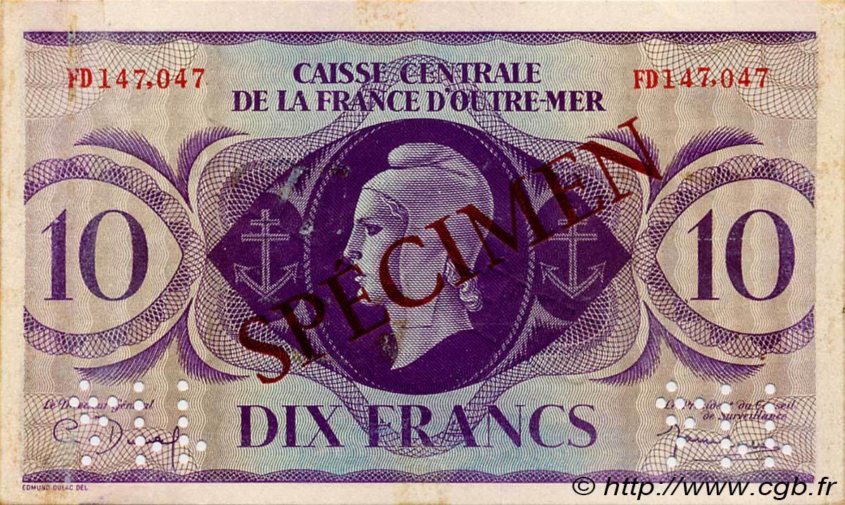 10 Francs Spécimen AFRIQUE ÉQUATORIALE FRANÇAISE  1943 P.16as TTB+