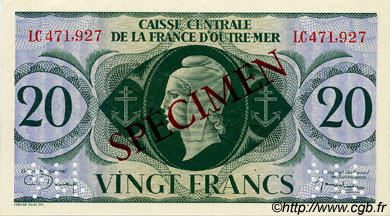 20 Francs Spécimen AFRIQUE ÉQUATORIALE FRANÇAISE  1943 P.17as q.FDC