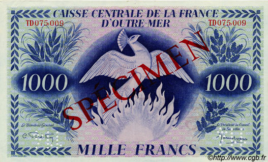 1000 Francs Phénix Spécimen FRENCH EQUATORIAL AFRICA  1944 P.19s2 XF+