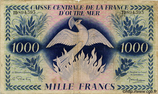 1000 Francs Phénix AFRIQUE ÉQUATORIALE FRANÇAISE  1944 P.19a RC+