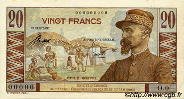 20 Francs Émile Gentil Spécimen AFRIQUE ÉQUATORIALE FRANÇAISE  1957 P.30s SPL