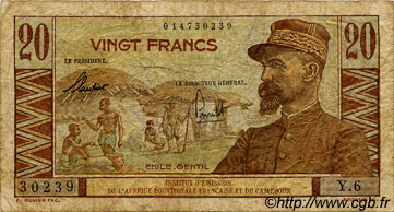 20 Francs Émile Gentil AFRIQUE ÉQUATORIALE FRANÇAISE  1957 P.30 VG