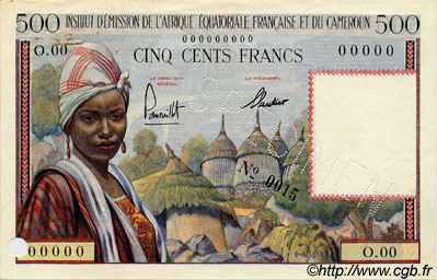 500 Francs Spécimen AFRIQUE ÉQUATORIALE FRANÇAISE  1957 P.33s fVZ to VZ