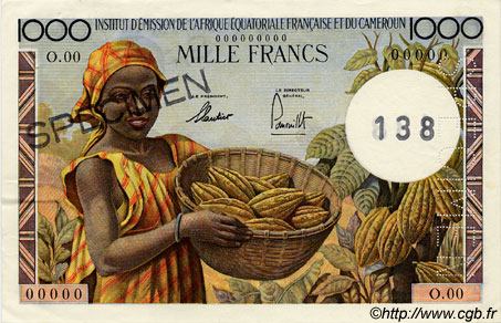 1000 Francs Spécimen AFRIQUE ÉQUATORIALE FRANÇAISE  1957 P.34s VZ+ to fST