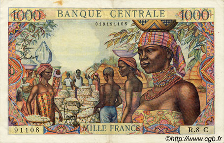 1000 Francs EQUATORIAL AFRICAN STATES (FRENCH)  1962 P.05g MBC+