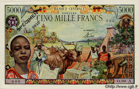 5000 Francs Spécimen EQUATORIAL AFRICAN STATES (FRENCH)  1962 P.06as XF+