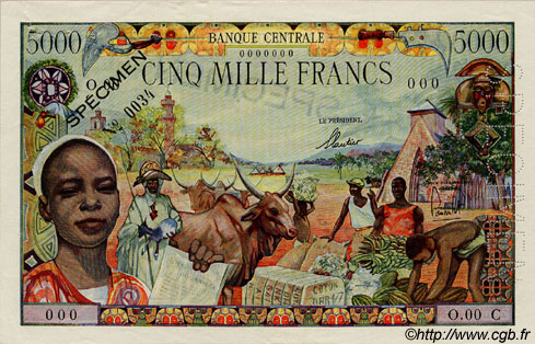 5000 Francs Spécimen EQUATORIAL AFRICAN STATES (FRENCH)  1962 P.06cs MBC+