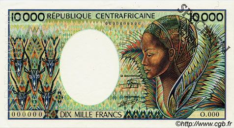 10000 Francs Spécimen ZENTRALAFRIKANISCHE REPUBLIK  1983 P.13s VZ+