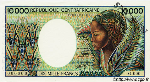 10000 Francs Spécimen CENTRAL AFRICAN REPUBLIC  1983 P.13s XF+