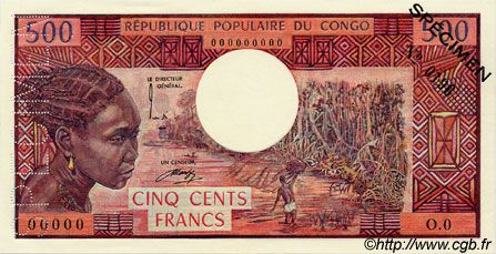 500 Francs Spécimen CONGO  1974 P.02as SPL+