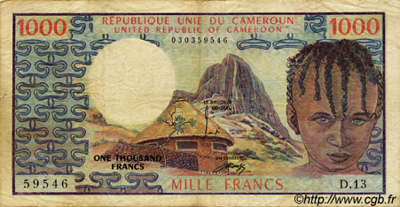 1000 Francs CAMEROON  1974 P.16a F-