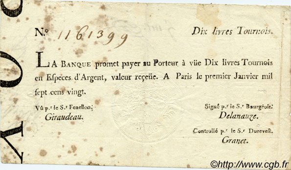 10 Livres Tournois typographié FRANCE  1720 Laf.089 VF