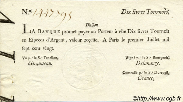 10 Livres Tournois typographié FRANCE  1720 Laf.093 XF