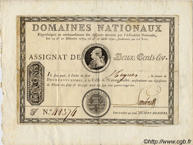 200 Livres  à Endos et Coupons d Intérêt  FRANCE  1790 Laf.123 VF
