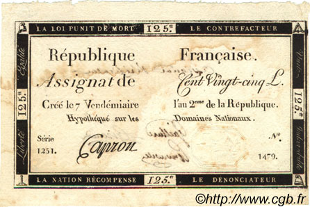 125 Livres Vérificateur FRANCE  1793 Laf.169a VF+