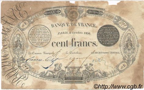100 Francs 1848 Transposé FRANCE  1856 F.A25.01 TB