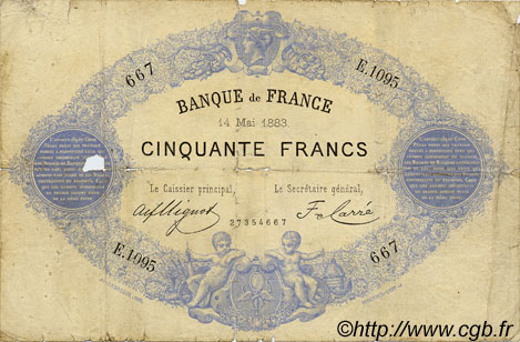 50 Francs 1868, indices noirs FRANCE  1883 F.A38.13 G