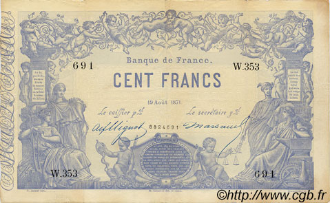 100 Francs type 1862 - Bleu à indices Noirs FRANCIA  1871 F.A39.07 MBC+