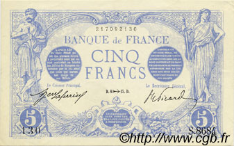 5 Francs BLEU FRANKREICH  1915 F.02.33 VZ+