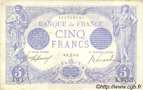 5 Francs BLEU FRANKREICH  1915 F.02.34 fVZ to VZ