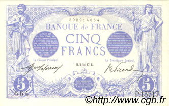 5 Francs BLEU FRANCIA  1917 F.02.47 SPL+ a AU