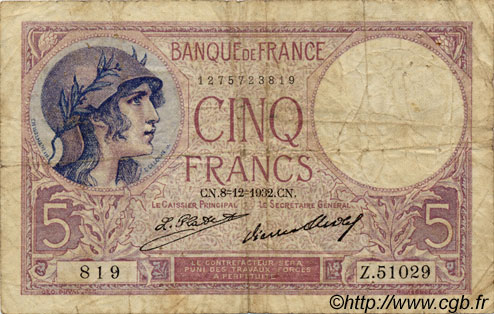 5 Francs FEMME CASQUÉE FRANCIA  1917 F.03 RC+ a BC