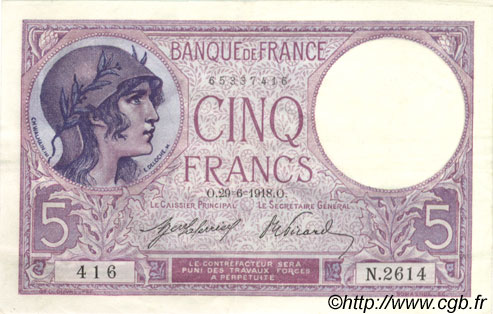 5 Francs FEMME CASQUÉE FRANCE  1918 F.03.02 XF