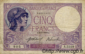 5 Francs FEMME CASQUÉE FRANKREICH  1918 F.03.02 fS to S