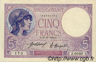 5 Francs FEMME CASQUÉE Grand numéro FRANCIA  1920 F.03.04 MBC+