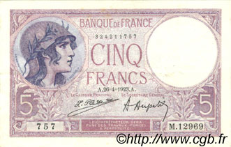 5 Francs FEMME CASQUÉE FRANCE  1923 F.03.07 VF - XF