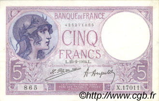5 Francs FEMME CASQUÉE FRANCE  1924 F.03.08 VF - XF