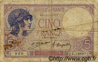 5 Francs FEMME CASQUÉE FRANCE  1924 F.03.08 G