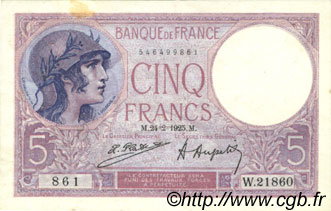 5 Francs FEMME CASQUÉE FRANCE  1925 F.03.09 VF+