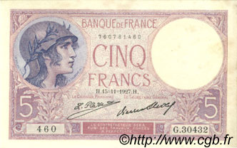 5 Francs FEMME CASQUÉE FRANCIA  1927 F.03.11 AU