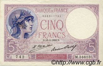 5 Francs FEMME CASQUÉE FRANKREICH  1928 F.03.12 VZ to fST