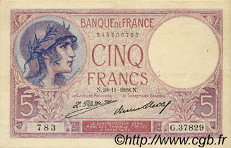 5 Francs FEMME CASQUÉE FRANKREICH  1928 F.03.12 fVZ