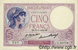 5 Francs FEMME CASQUÉE FRANCE  1932 F.03.16 XF-