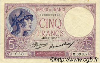 5 Francs FEMME CASQUÉE FRANCIA  1933 F.03.17 MBC+