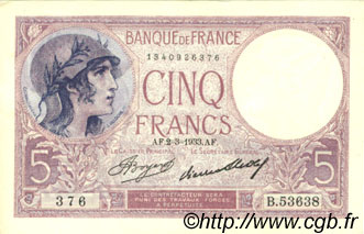 5 Francs FEMME CASQUÉE FRANCE  1933 F.03.17 AU