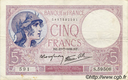 5 Francs FEMME CASQUÉE modifié FRANCIA  1939 F.04 BB