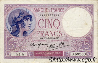 5 Francs FEMME CASQUÉE modifié FRANCE  1939 F.04.03 VF