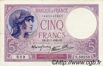 5 Francs FEMME CASQUÉE modifié FRANKREICH  1939 F.04.03 fVZ