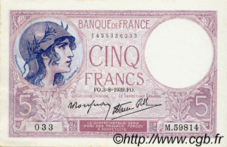 5 Francs FEMME CASQUÉE modifié FRANCE  1939 F.04.04 AU-
