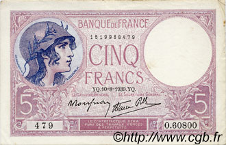 5 Francs FEMME CASQUÉE modifié FRANCE  1939 F.04.05 VF+