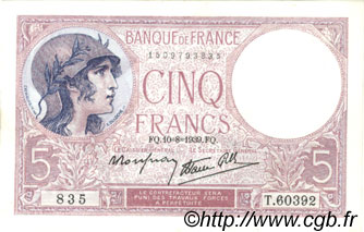 5 Francs FEMME CASQUÉE modifié FRANCIA  1939 F.04.05 AU