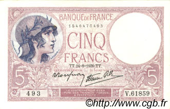5 Francs FEMME CASQUÉE modifié FRANCE  1939 F.04.07 XF