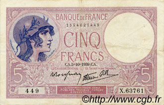 5 Francs FEMME CASQUÉE modifié FRANCE  1939 F.04.11 VF+