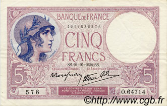 5 Francs FEMME CASQUÉE modifié FRANCIA  1939 F.04.12 MBC+